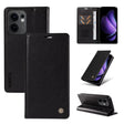 Black leather-textured flip phone case with card slots and kickstand functionality.