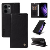 Black leather-textured flip phone case with card slots and kickstand functionality.