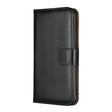 The black leather wallet case is shown with a brown stitching