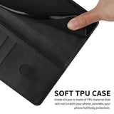 The black leather wallet case is open and showing the card slot