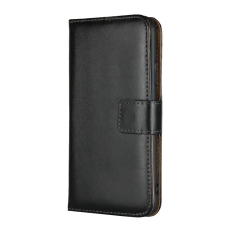 The black leather wallet case is shown with a brown stitching