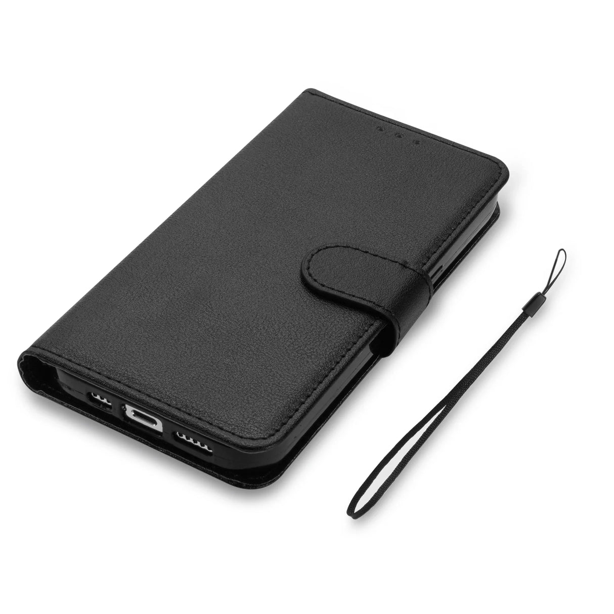 The black leather wallet case is shown with a black phone