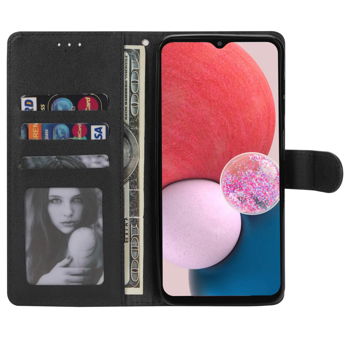 The black leather wallet case with a card slot and a photo inside