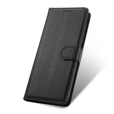 The black leather wallet case is shown with a black leather cover