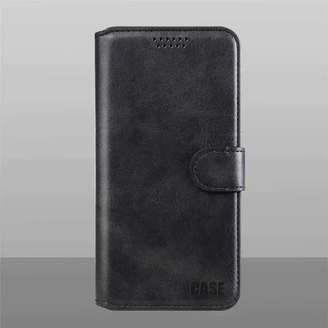 The black leather wallet case is shown with a black leather cover