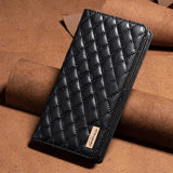 the black leather wallet case is shown on a brown background