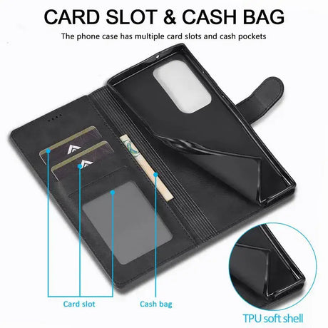 A black leather wallet case with a card slot and cash slot