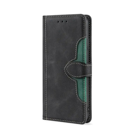 The black leather wallet case with green stitching