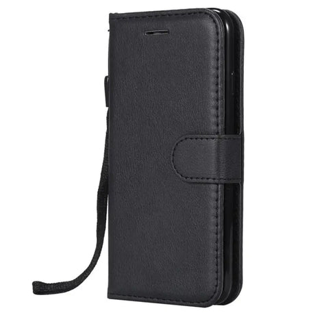 the back of a black leather wallet case