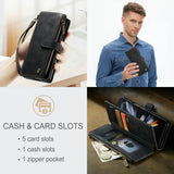 Black leather wallet with multiple card slots and a zipper compartment.