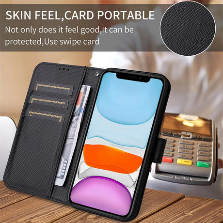 Black leather wallet phone case with card slots and a hundred-dollar bill.
