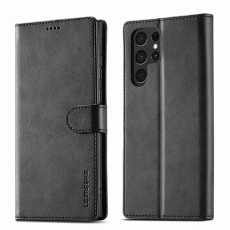 Black leather wallet-style phone case with multiple camera cutouts.