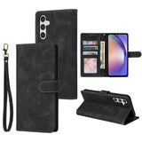 Black leather wallet-style phone case with multiple card slots and a wrist strap.