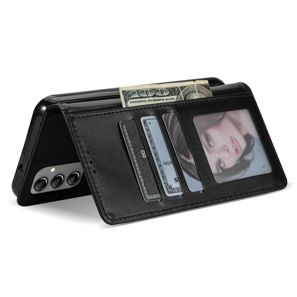 Black leather wallet-style phone case with card slots and a photo window.