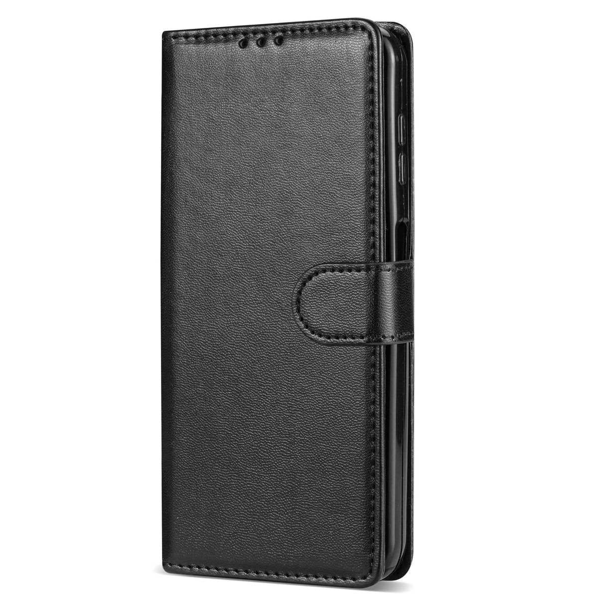 Black leather wallet-style phone case with a magnetic closure.