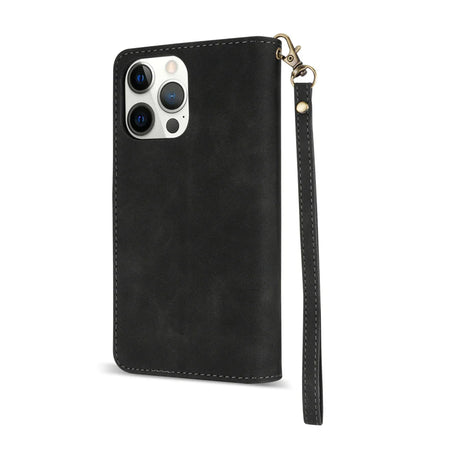 Black leather wallet-style phone case with a camera cutout and wrist strap.