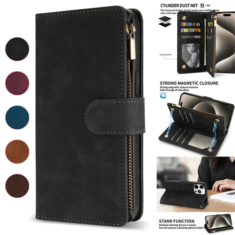 Black leather wallet-style phone case with multiple card slots and a zipper compartment.