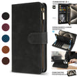 Black leather wallet-style phone case with multiple card slots and a zipper compartment.