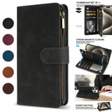 Black leather wallet-style phone case with multiple card slots and a zipper compartment.