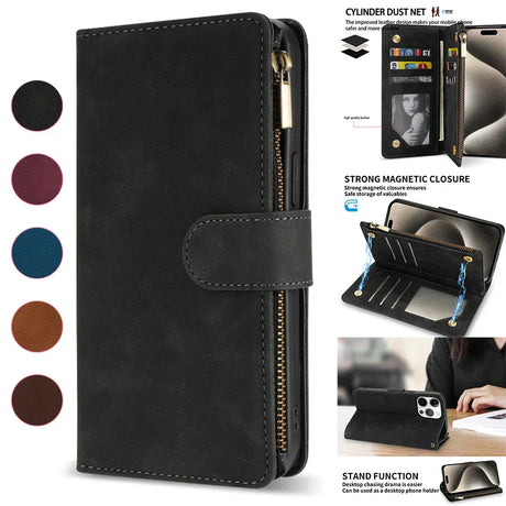 Black leather wallet-style phone case with multiple card slots and a zipper compartment.