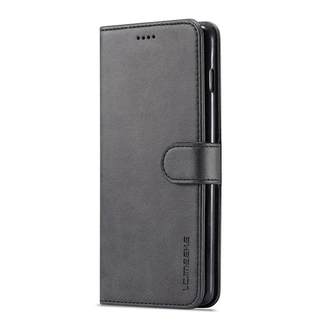 Black leather wallet-style smartphone case with a magnetic closure.