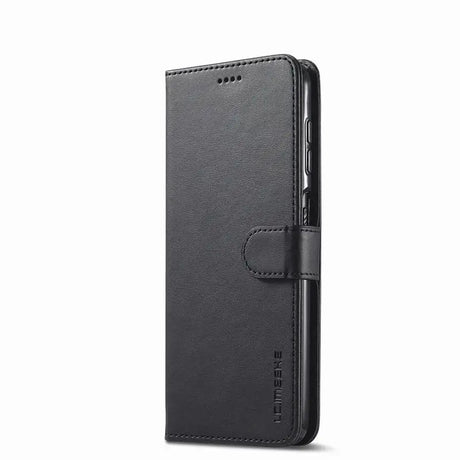 Black leather wallet-style smartphone case with a flip cover and card slots.