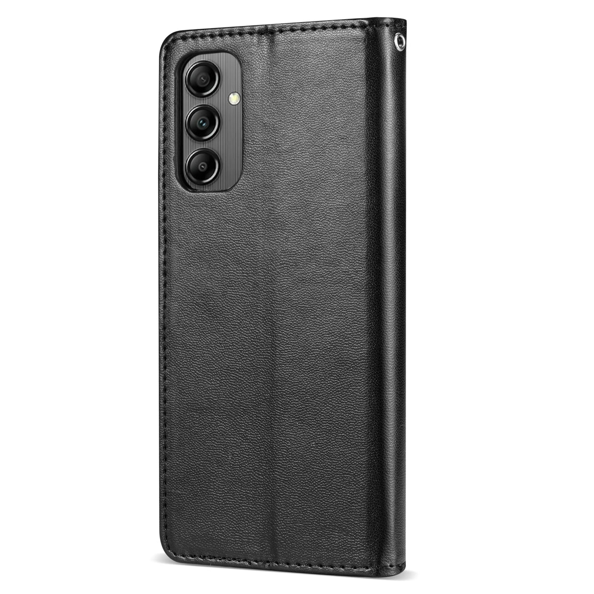 Black leather wallet-style smartphone case with a triple camera cutout.