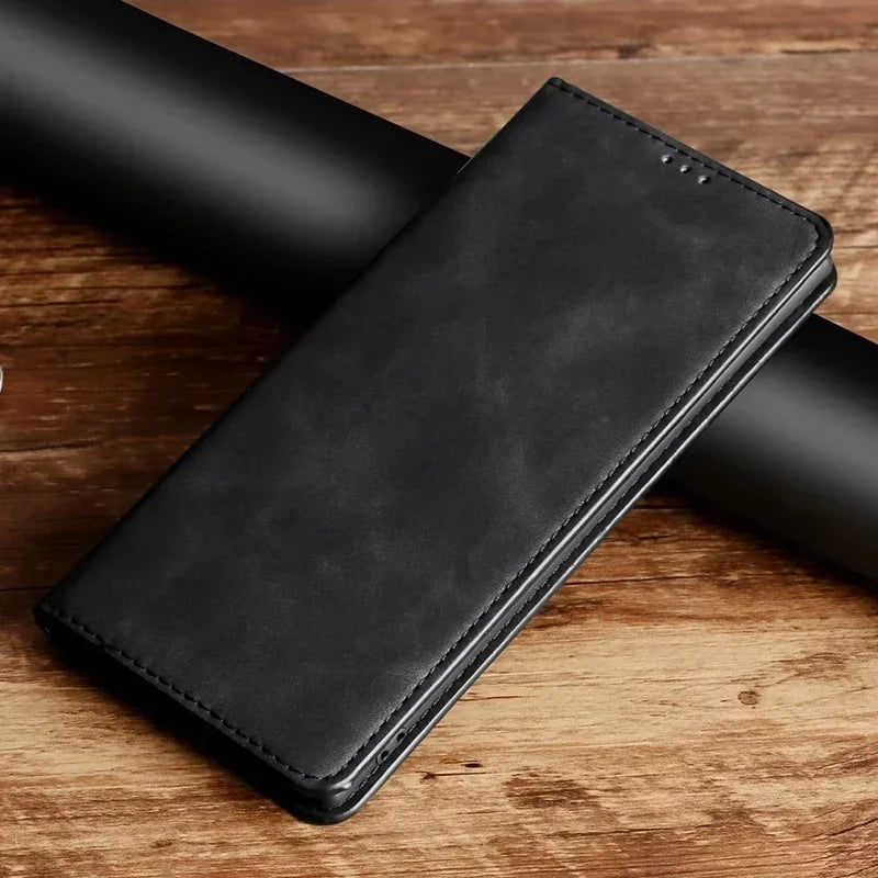 Black leather wallet-style smartphone case with a folding cover.