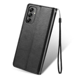 Black leather wallet-style smartphone case with a wrist strap and visible camera cutouts.