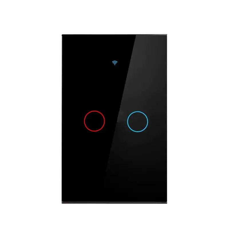 a black light switch with two blue circles