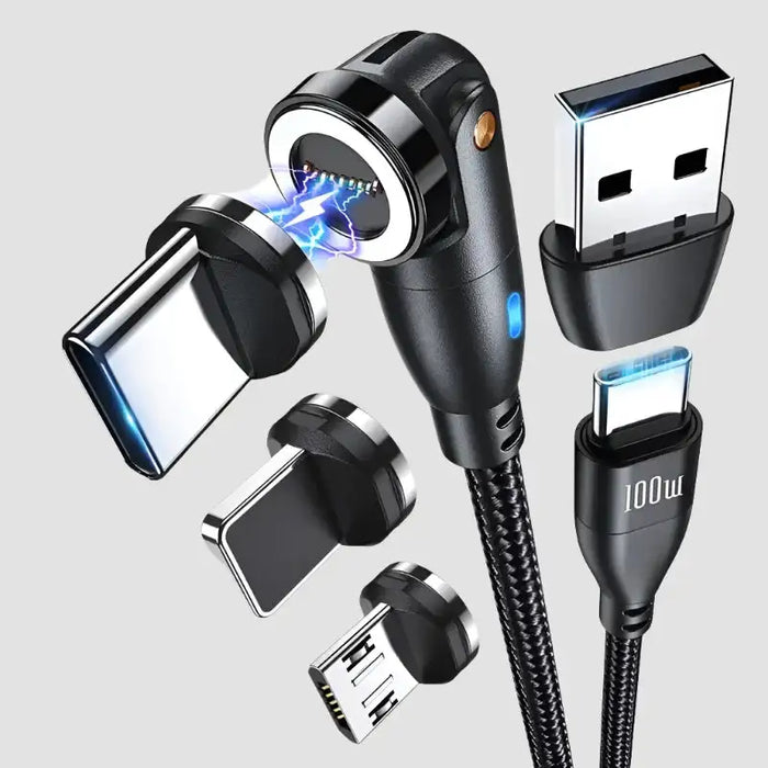Black magnetic charging cable with interchangeable connectors and a braided design.