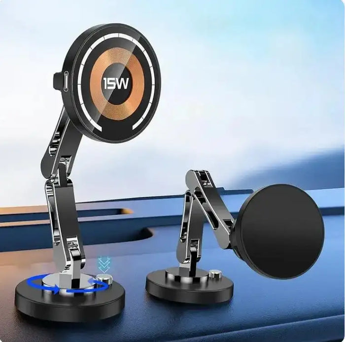 Black magnetic car phone charger with 15w power output and adjustable articulated arm.