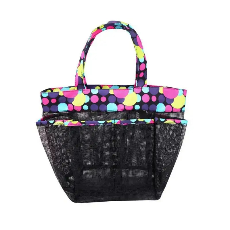 a black mesh bag with colorful polka dots