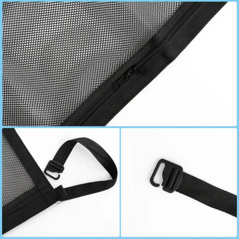 a black mesh bag with a blue handle