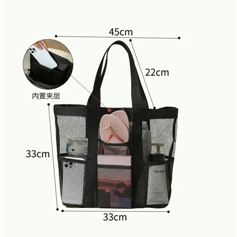 a black mesh tote bag with a zipper closure