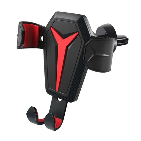 the red and black phone holder is attached to the phone