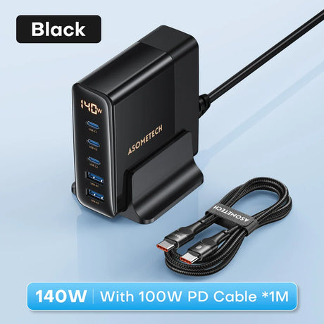 Black multi-port USB charger with digital wattage display and accompanying cable.