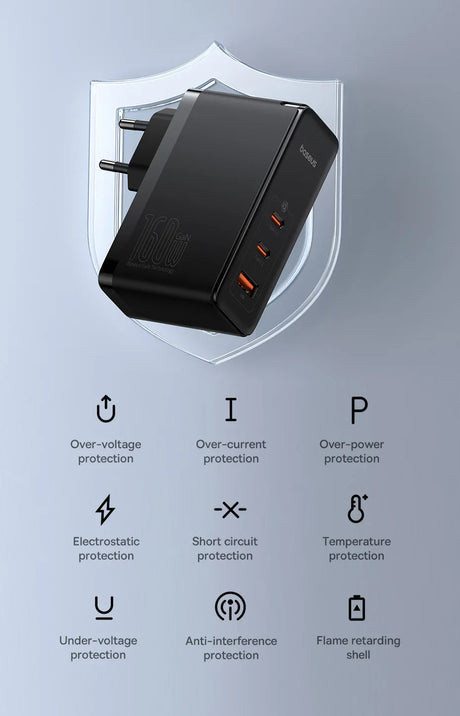 Black multi-port USB charger adapter plugged into an electrical outlet.