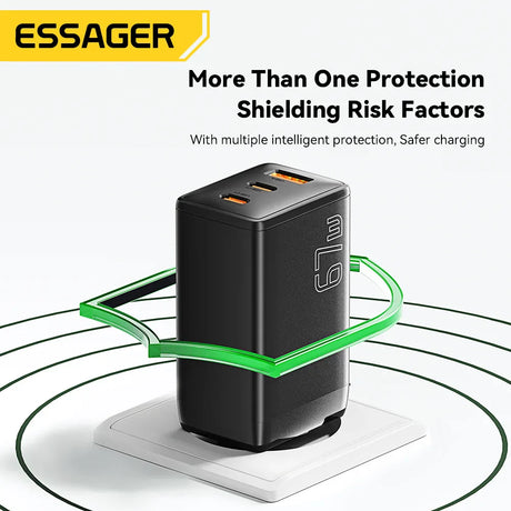 Black multi-port USB charger with three charging ports on top.