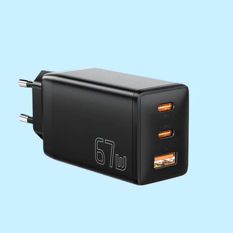 Black multi-port USB charger adapter with ’67w’ printed on its side.