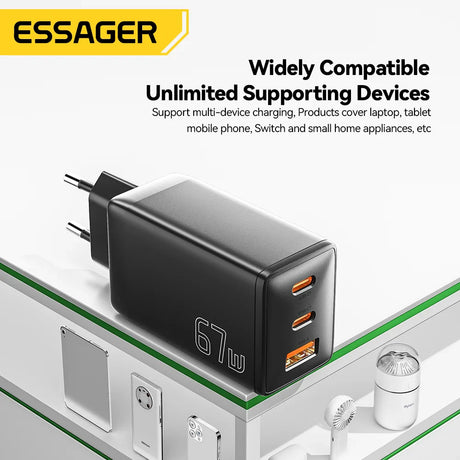 Black multi-port USB charger adapter with 67W output capacity.