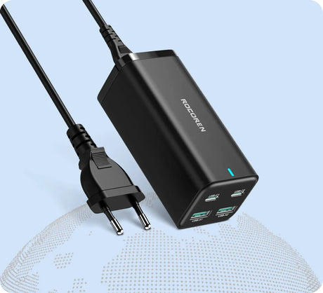 Black multi-port USB charger with power cord.