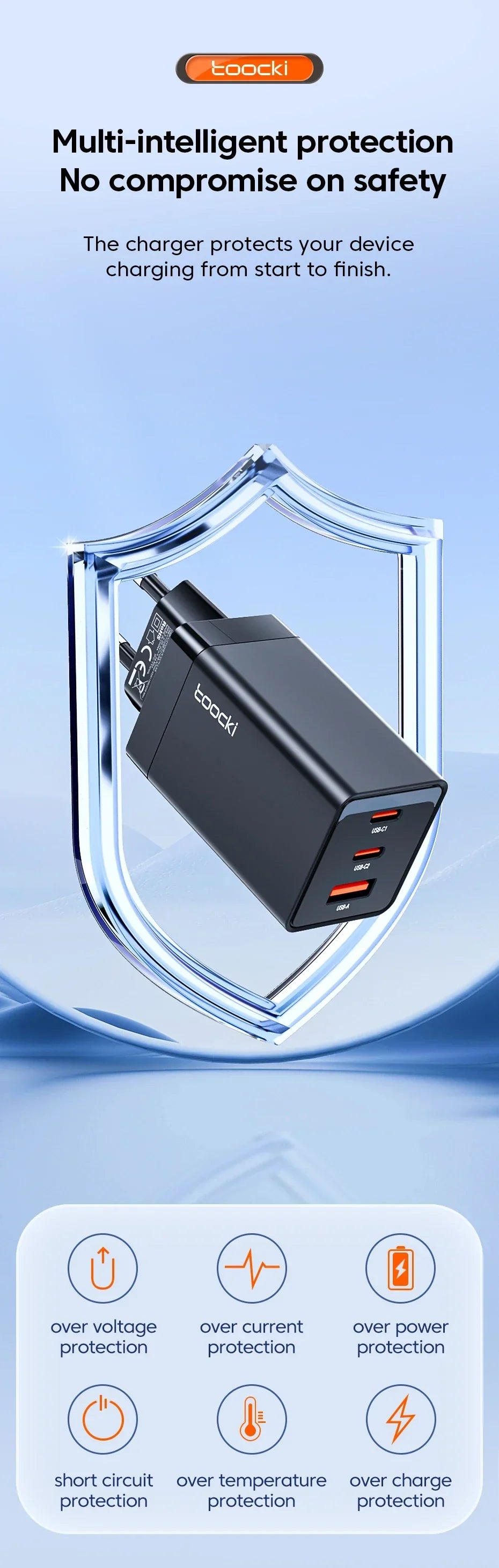 Black multi-port USB charger with orange and red indicator lights.