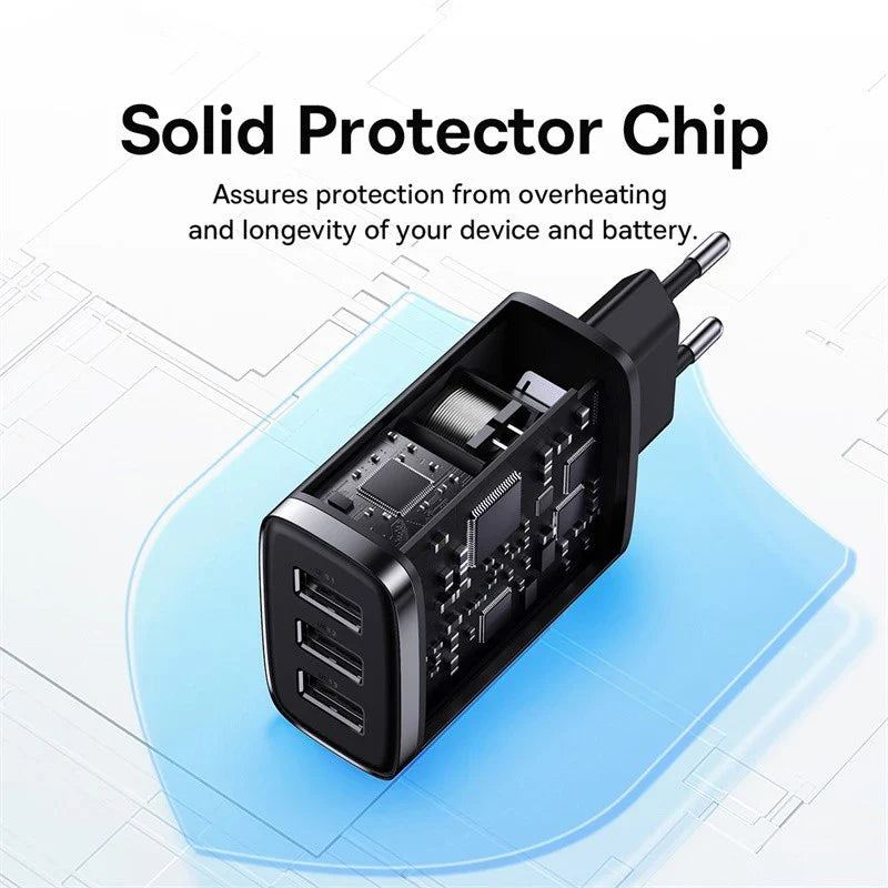 Black multi-port USB wall charger with a solid protector chip.