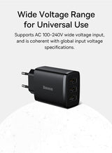 Black multi-port USB wall charger adapter.