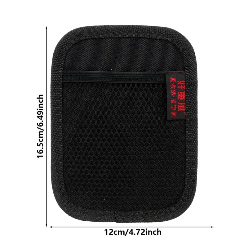 a black nylon case with a red logo on the front