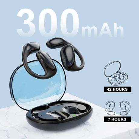 Black open-ear earbuds with charging case.