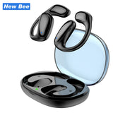Black open-ear earbuds with charging case.