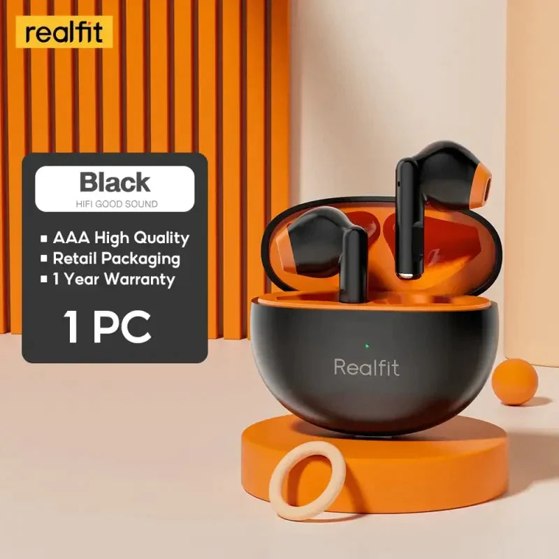 a black and orange airpods with a charging box