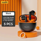 a black and orange airpods with a white and orange background